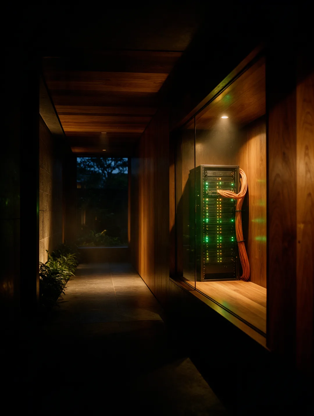 A warm timber corridor at night with a rack of compute behind glass, green and amber status lights and a bundle of orange fibre running into it