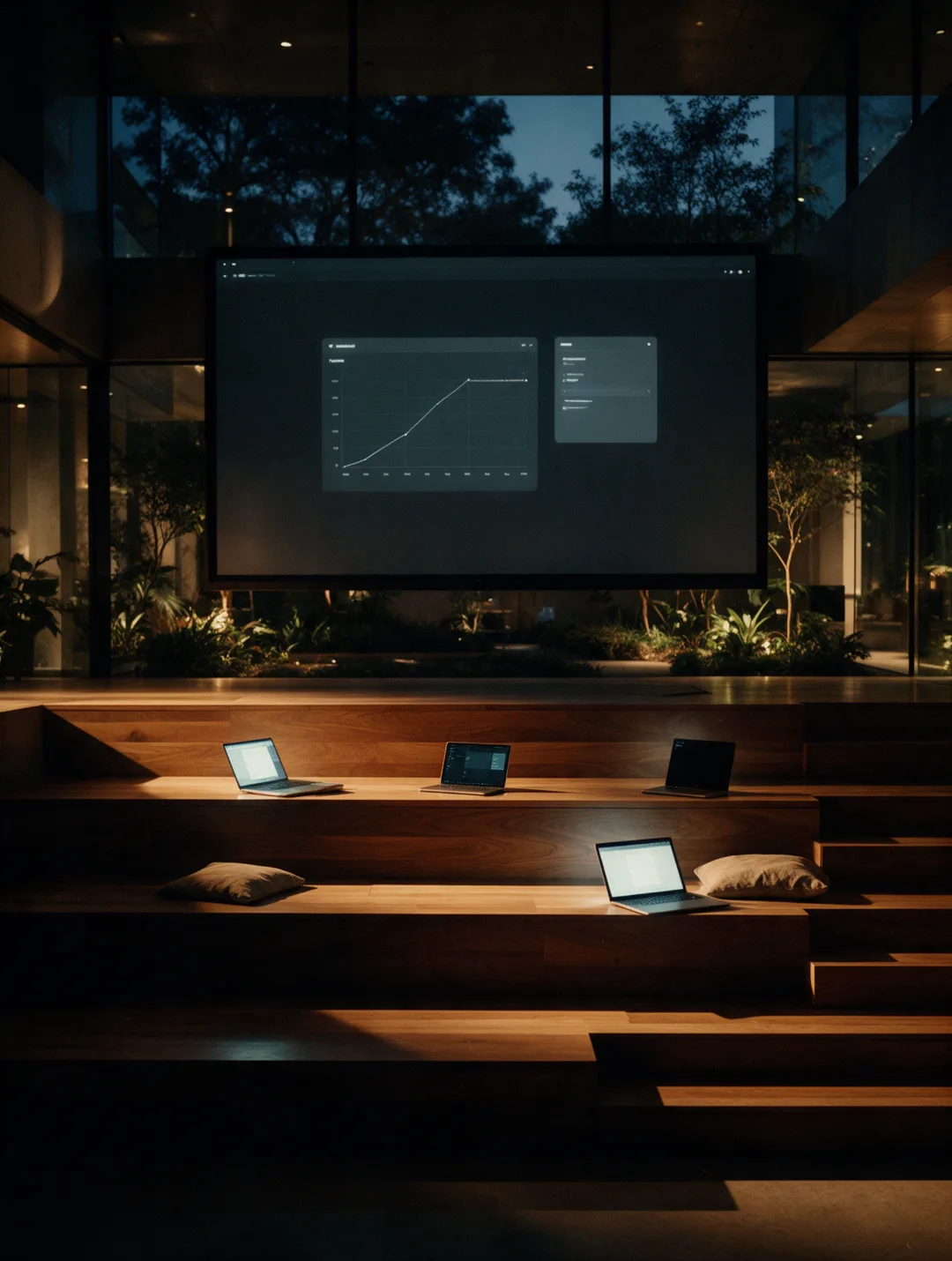 A stepped seating tier facing a large screen showing a dark-mode interface, open laptops left glowing on the timber steps