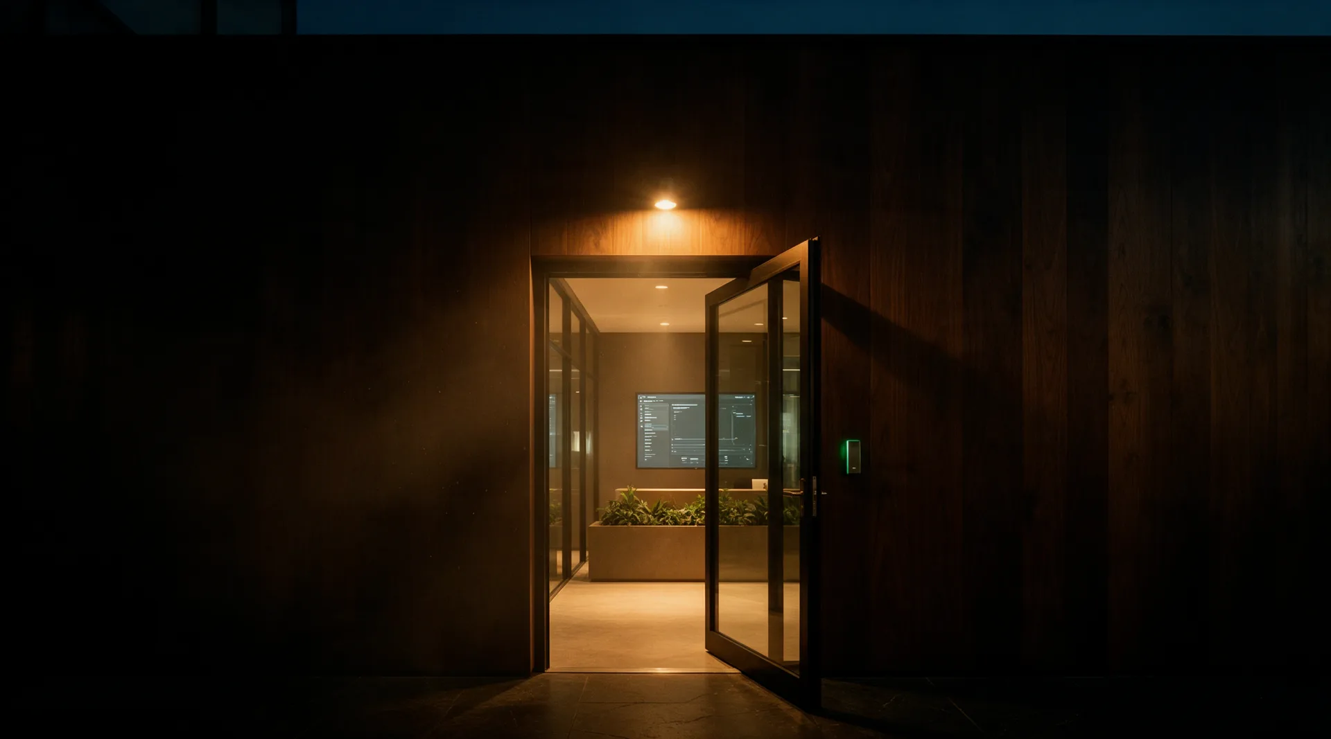 A glass entrance door standing open in a dark timber wall at night, a warm lamp lit above it, a reception desk and a glowing display in the lobby beyond